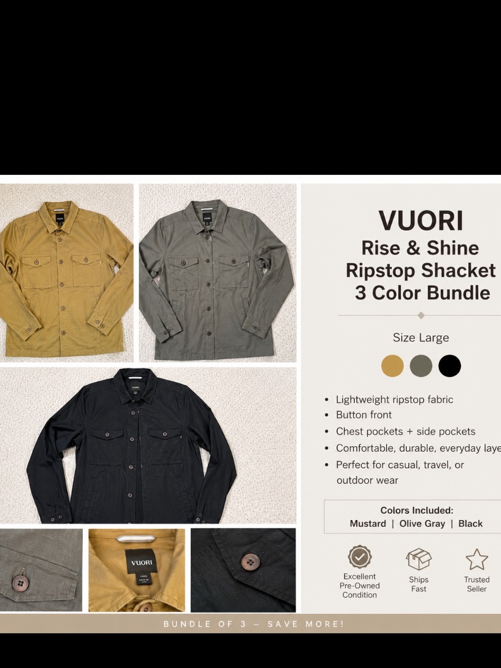 Vuori Rise & Shine Ripstop Shacket Bundle Large Black Olive Mustard